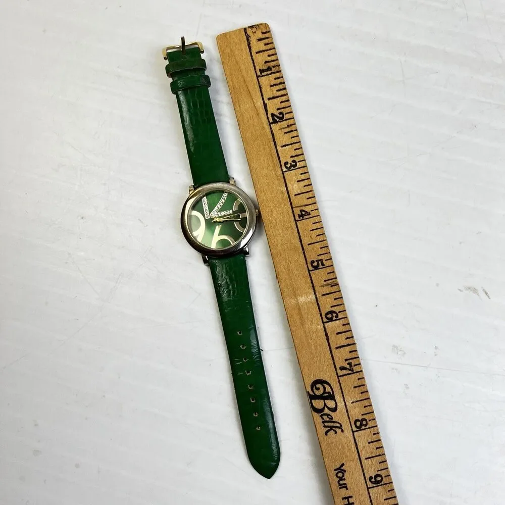 Studio Time Quartz Watch Green Band Rhinestone Gold Modern Fashion Wristwatch
